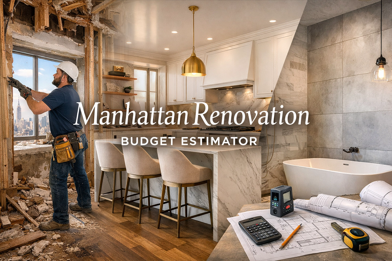 Bathroom renovation collage with a worker, freestanding tub, vanity and calculator on drawings