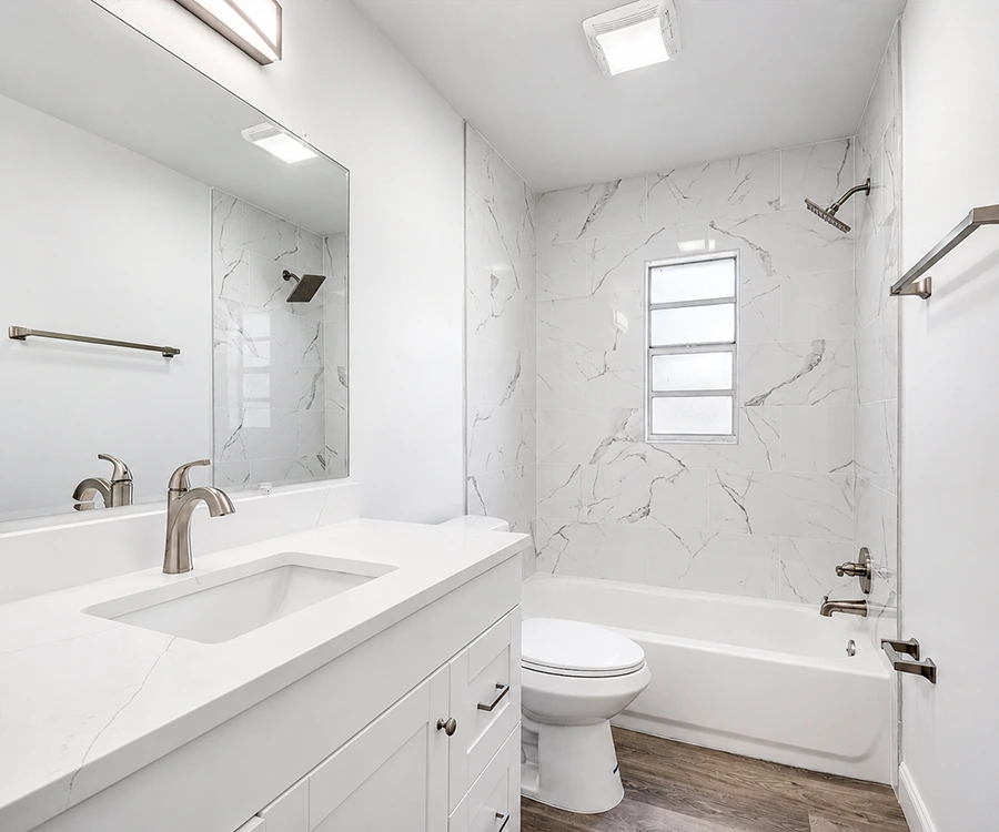 Bright modern bathroom with marble accents