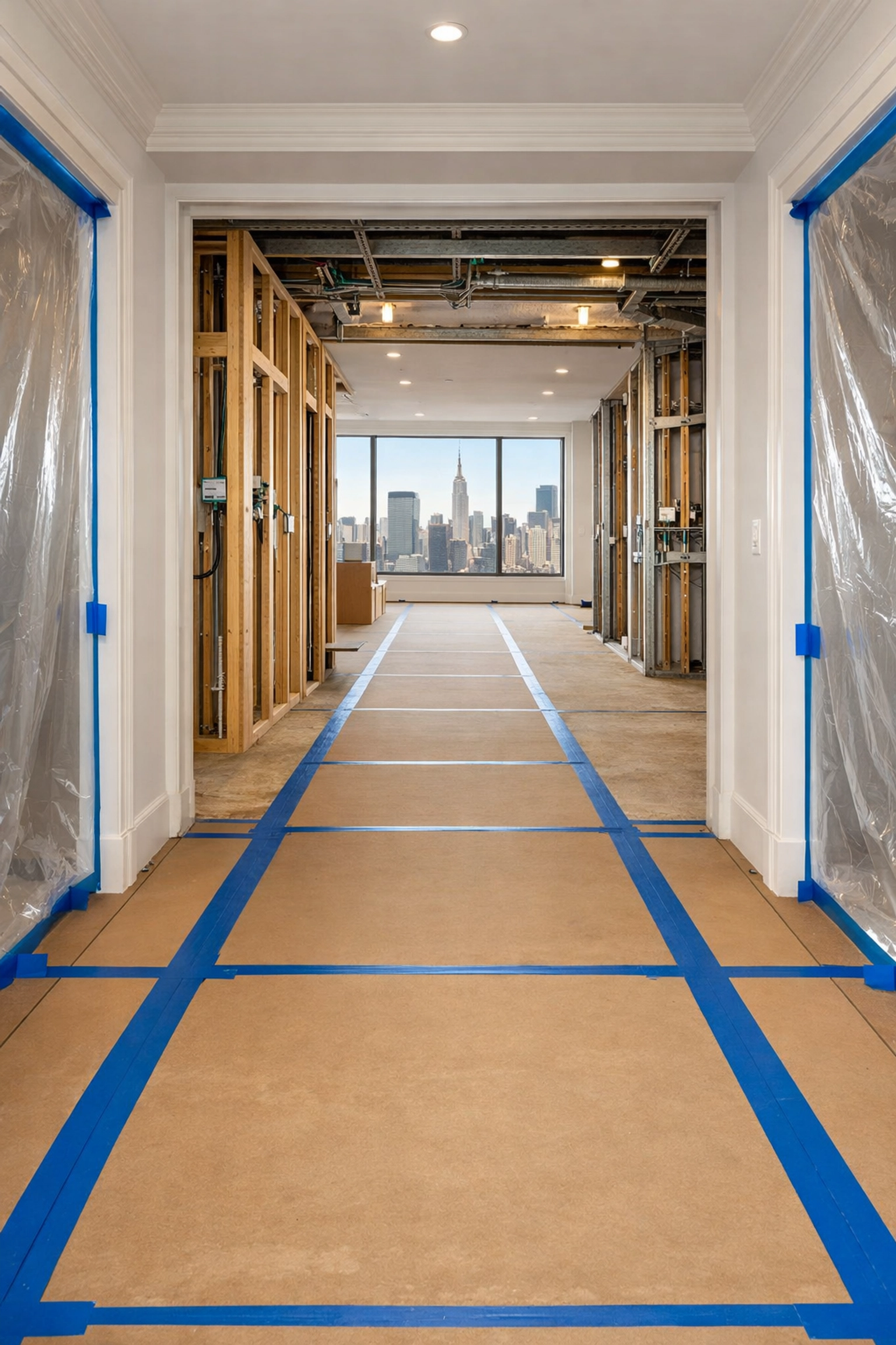 Manhattan apartment renovation site protection with masonite and ram board floor protection, dust barriers, and service elevator padding