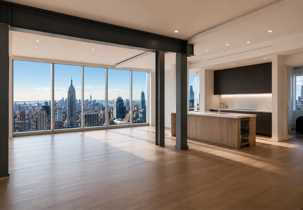 Luxury open-concept apartment interior with modern kitchen and living area