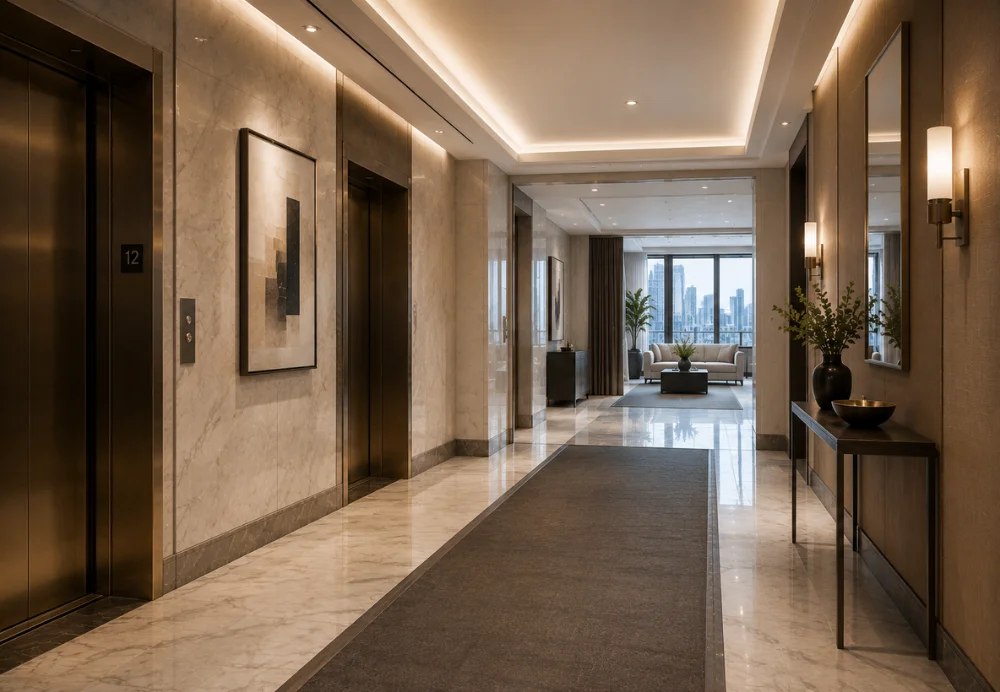 Luxury residential building corridor with protected flooring and elevator access