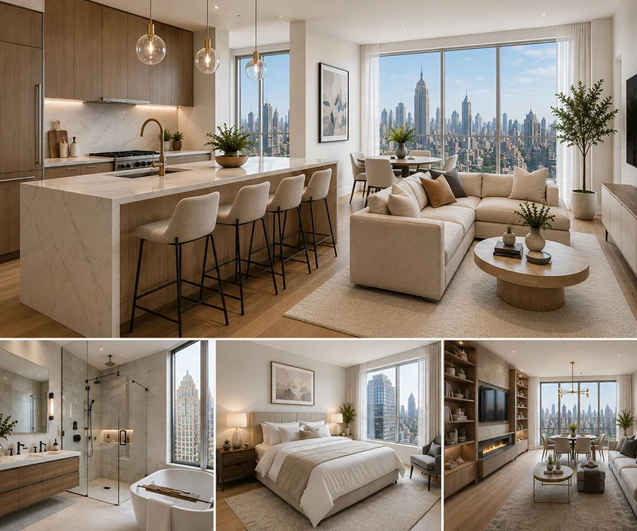 Interior collage with a kitchen, living room, bathroom, bedroom and dining area