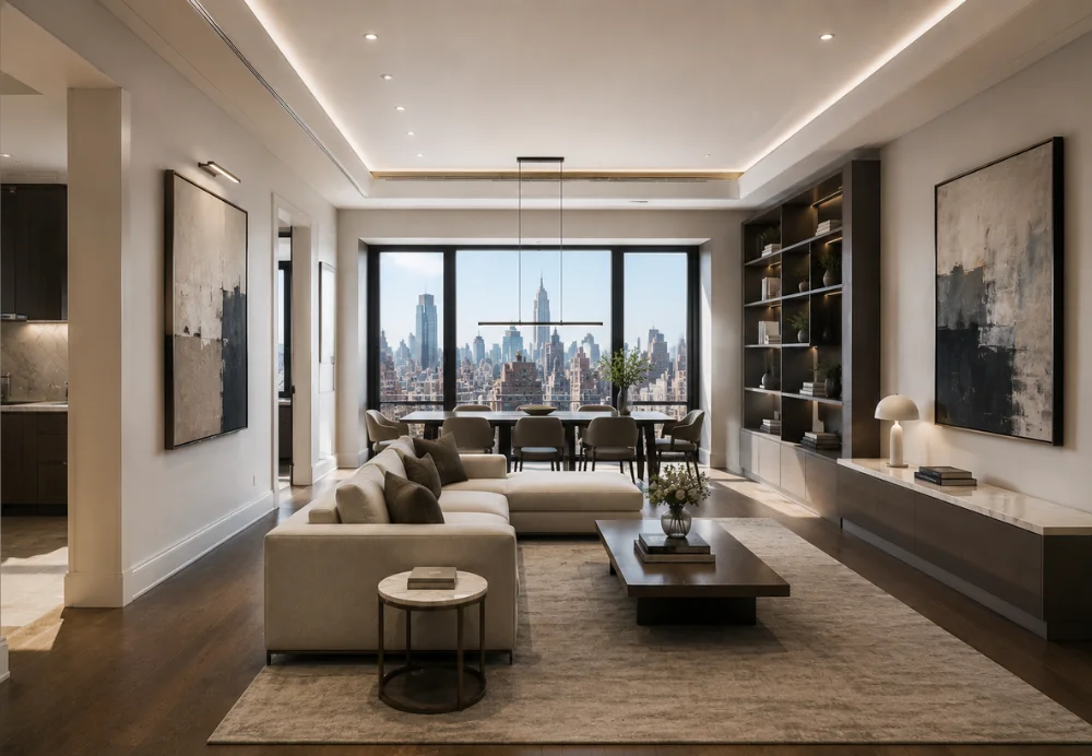 Modern apartment living room with freshly painted walls, ceiling, and trim