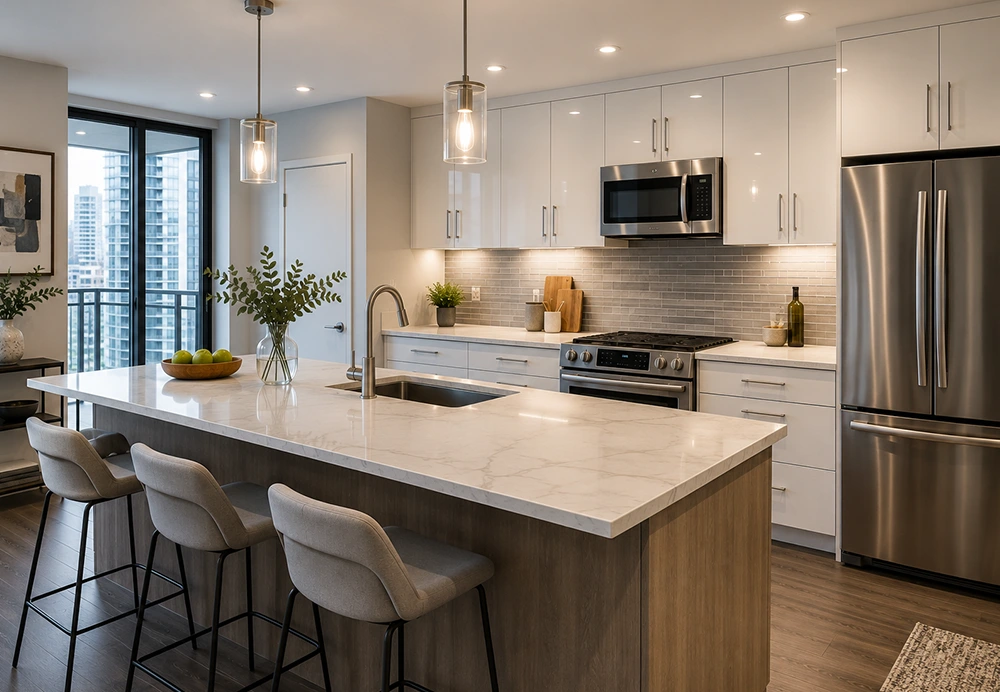 Modern kitchen with urban skyline view