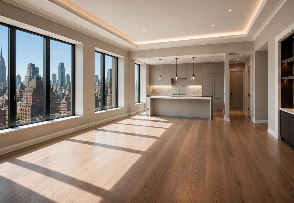 Open-concept apartment interior with newly painted walls and ceiling