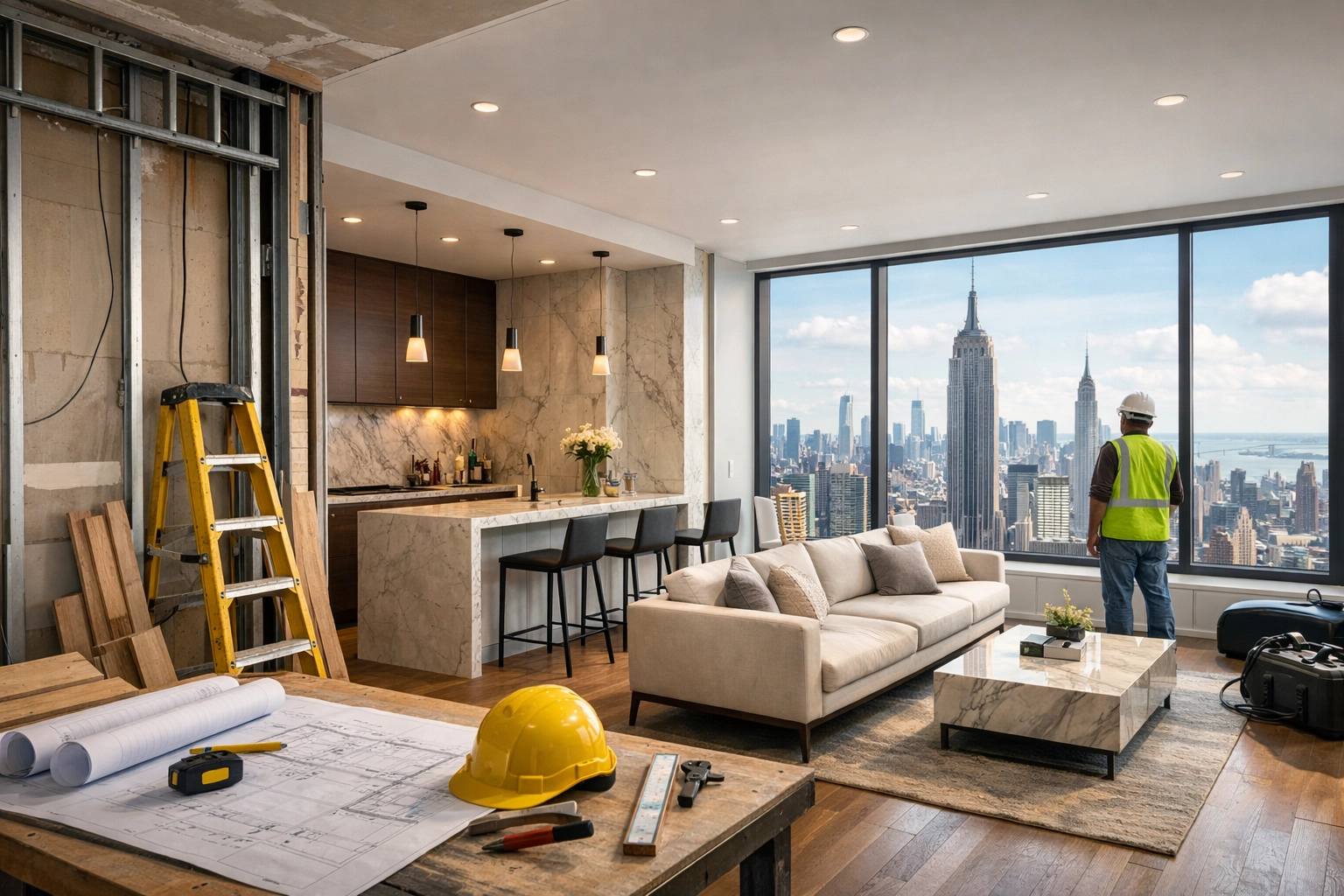 Living room beside exposed studs and a ladder with a worker standing near skyline windows