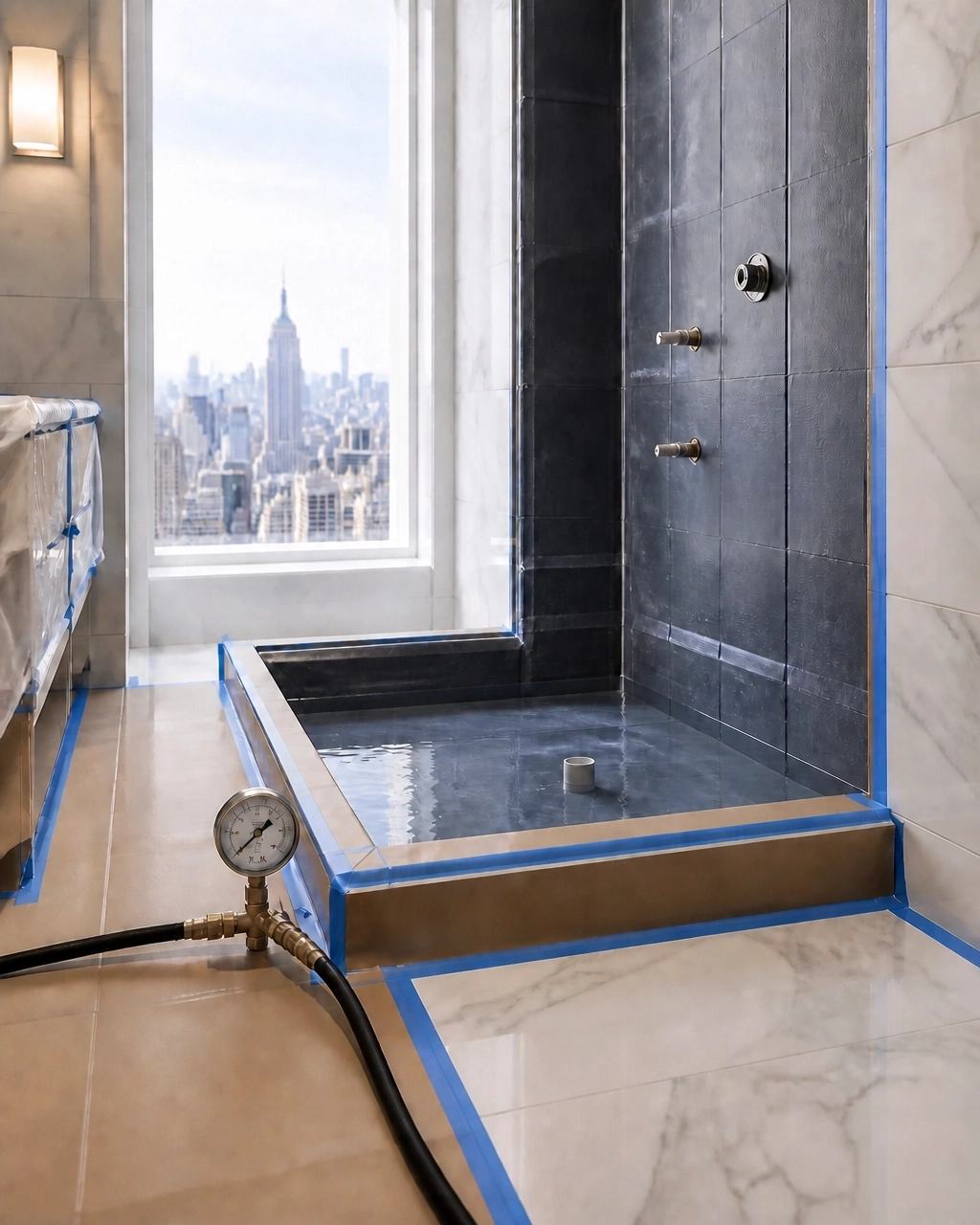 Shower-pan testing; existing room finishes are not presented as built by Corniel.