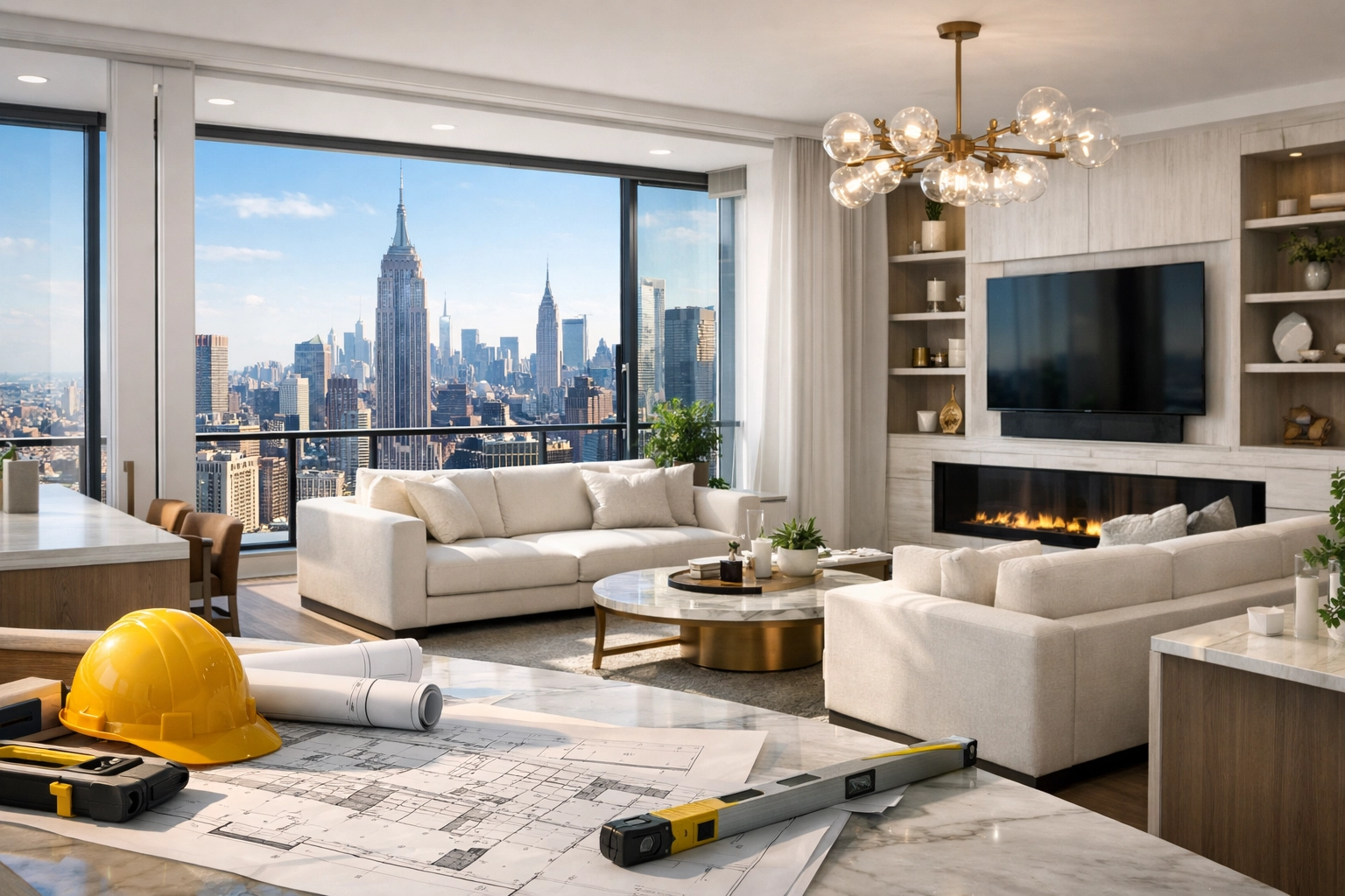 Living room with white sofas, a fireplace and skyline windows behind a table of renovation tools