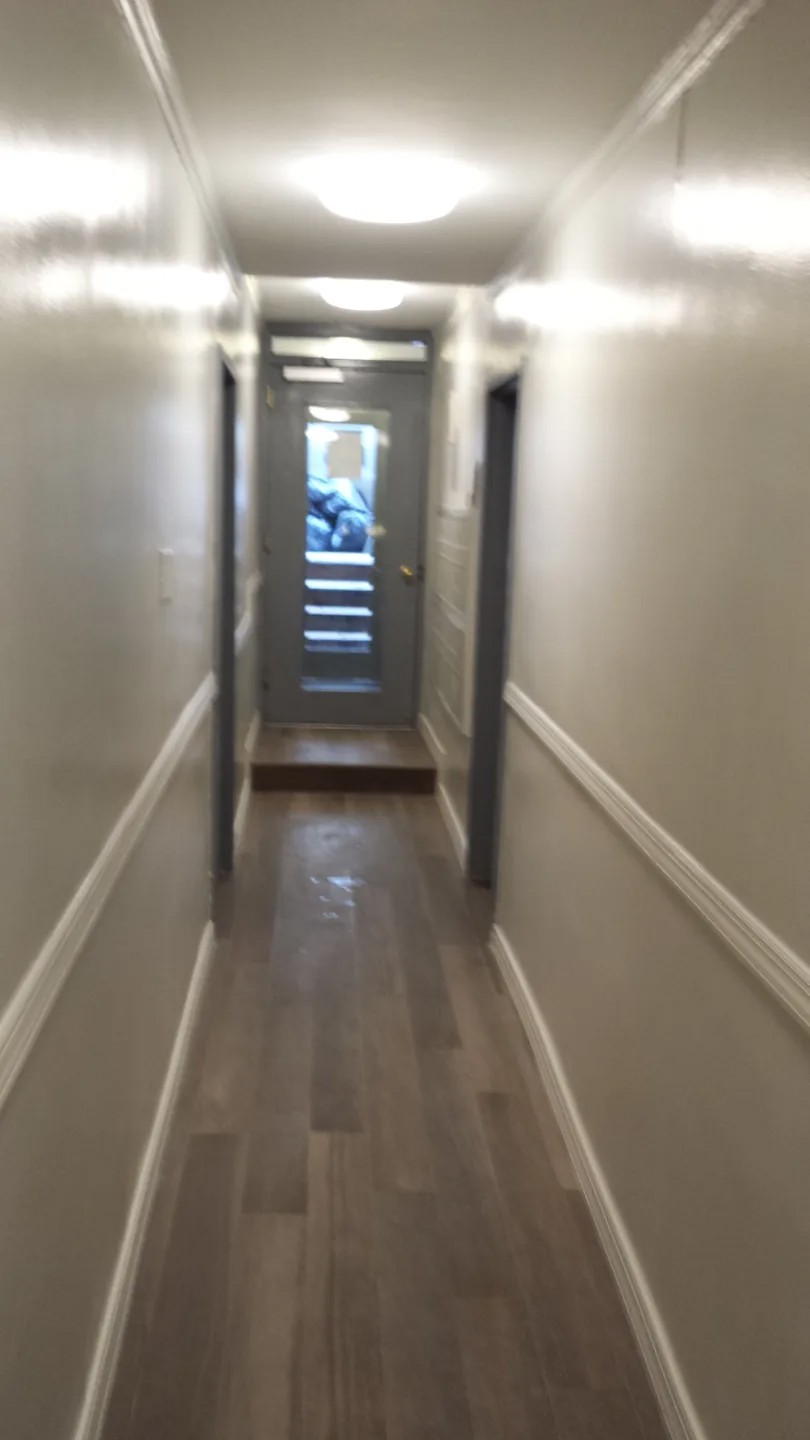 Shared residential hallway with finished wall trim, corridor flooring and entry door in January 2015.