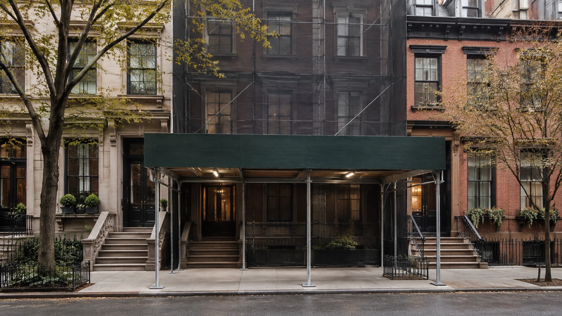 Illustrative townhouse façade with a green sidewalk shed, scaffolding and protective netting
