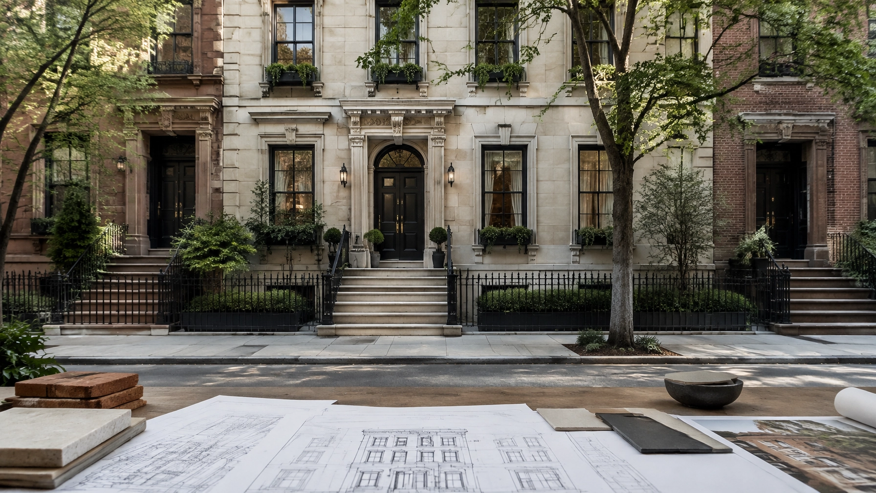 Illustrative townhouse exterior planning scene with elevation drawings and material samples