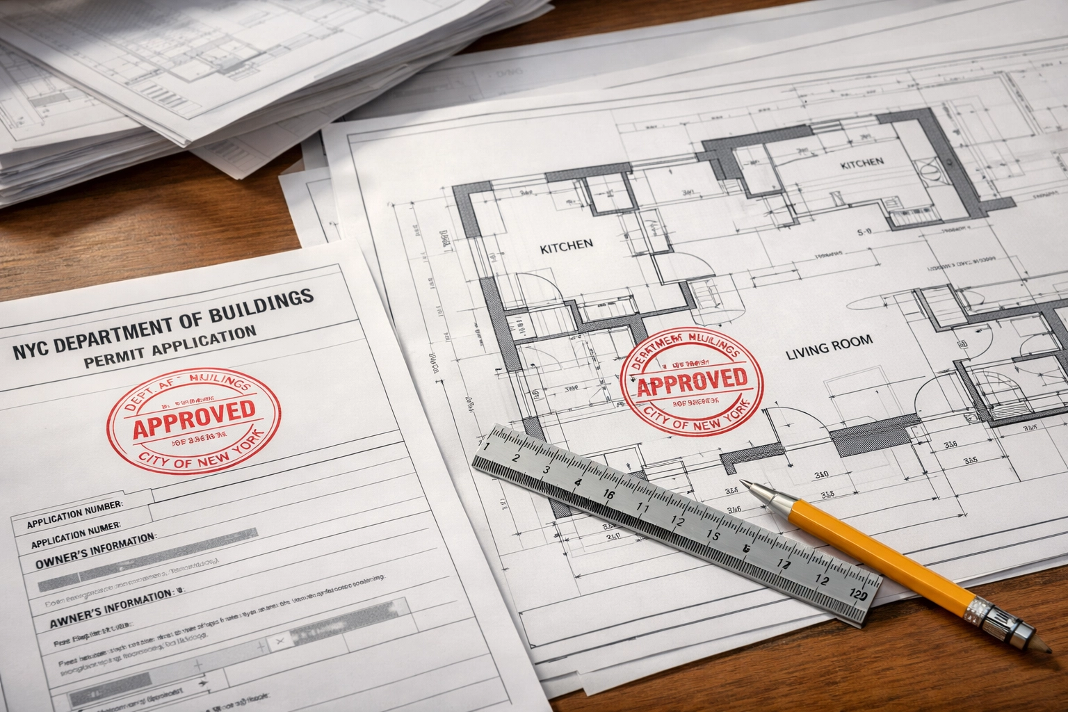 Permit application and floor plans with approval stamps, a pencil and a metal ruler